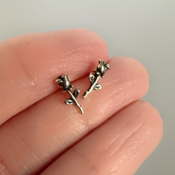 Sterling Silver Tiny Rose Stud Earrings - Picture 5 of 11